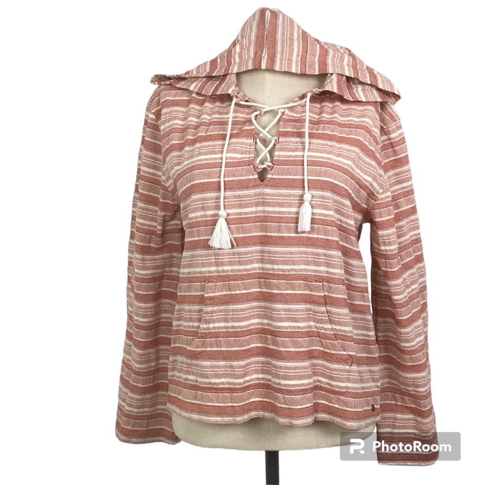 Roxy Lightweight Hoodie Women’s Size L Peach Multicolor Stripped Kangaroo Pocket